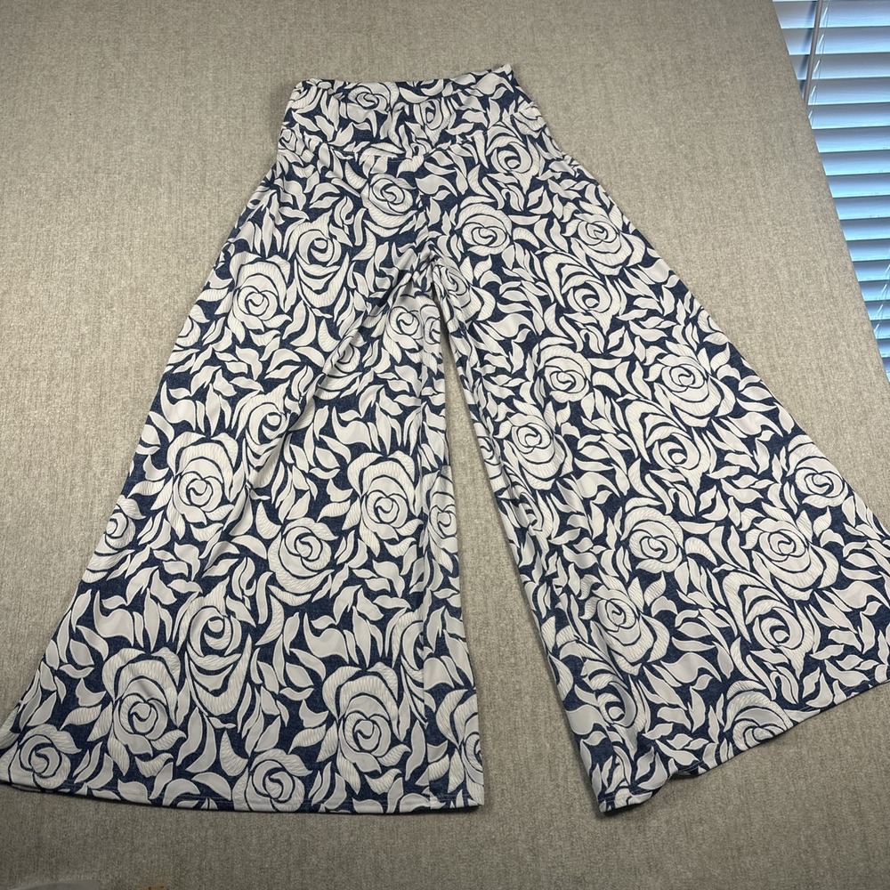 Coco Bianco Wide Leg Pants Blue & White Floral Women 8 Stretch Palazzo Boho USA - Picture 9 of 10
